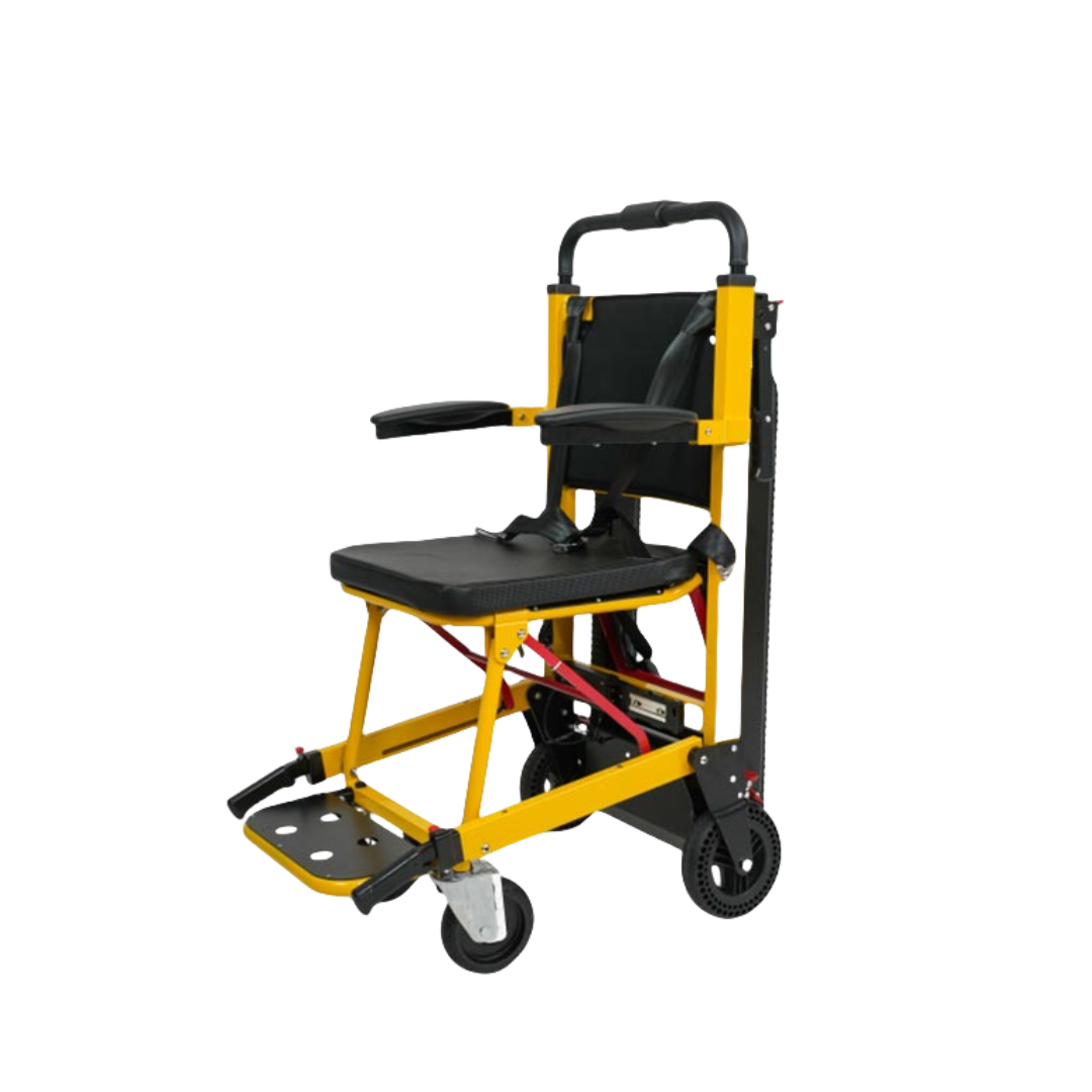 A yellow and black VOCIC AY04 Straight Electric Stair-Climbing Chair, featuring armrests, a footrest, wheels, and a foldable design for mobility assistance—shown on a white background.